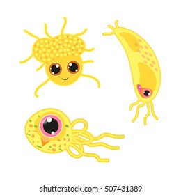 Set of vector cartoon germs, monsters or bacteria. Funny face with big eyes. Cute bright colors, childish design. Elements for design, object isolated on white background