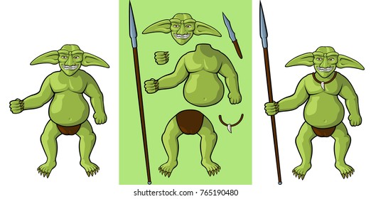 Set of vector cartoon goblin body parts and his equipment on white background