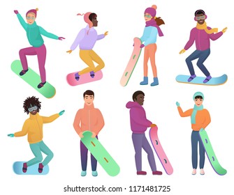 Set of vector cartoon gradient color snowboarders set. Man and woman on snowboards. Winter snowboard sport activity.