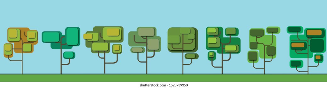 Set of vector cartoon green trees in paper cut. tree paper art illustrations. Cartoon paper cut landscape. Flat forest tree nature plant isolated eco foliage. Can be used to illustrate any nature
