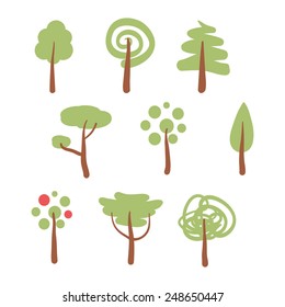 Set of vector cartoon green trees design isolated on white background