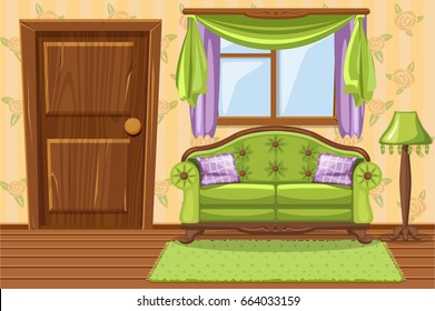 Set Vector cartoon Green Vintage cushioned furniture, Living room