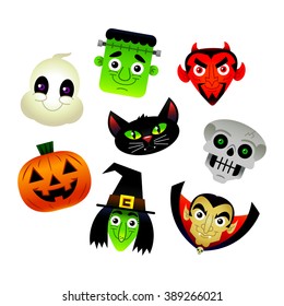 Set of vector cartoon Halloween characters: White Ghost, Frankenstein Monster, Red Devil, Spooky Skeleton Skull, Orange Jack O'Lantern Pumpkin, Green Witch, Black Cat, and Dracula Vampire