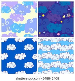 Set of vector cartoon hand drawn clouds seamless patterns.