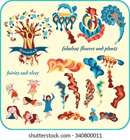 Set of vector cartoon hand flat elements. Fantastic plants and flowers, fairies and elves. For website design, menu, children's products. EPS10.