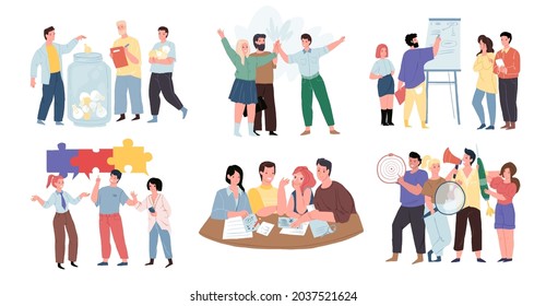 Set Of Vector Cartoon Happy Characters In Graphic Metaphors For Good Teamwork And Friendly Environment.Group Discussion,search For Ideas And Problem Solutions-team Work Concept,web Site Banner Design