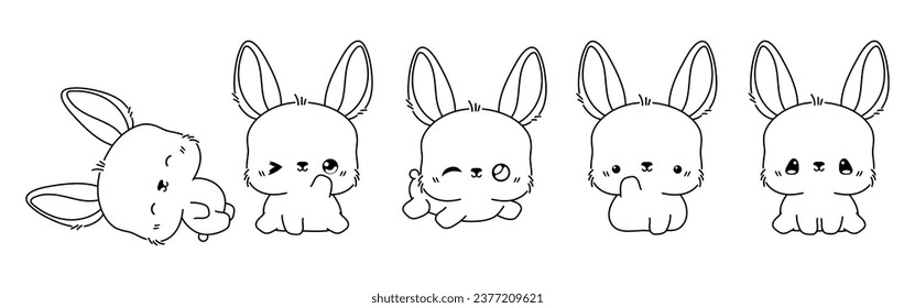 Set of Vector Cartoon Hare Coloring Page. Collection of Kawaii Isolated Bunny Outline for Stickers, Baby Shower, Coloring Book, Prints for Clothes. 
