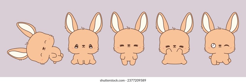 Set of Vector Cartoon Hare Illustrations. Collection of Kawaii Isolated Bunny Art for Stickers, Prints for Clothes, Baby Shower, Coloring Pages. 