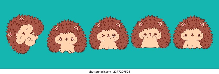 Set of Vector Cartoon Hedgehog Illustrations. Collection of Kawaii Isolated Animal Art for Stickers, Prints for Clothes, Baby Shower, Coloring Pages. 
