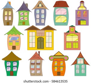 Set of vector cartoon houses. Collection of color icons of houses. Flat design.