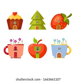 Set of vector cartoon houses in a red strawberry, a cake, an apple, a fir-tree and tw cups. Sweet home. Fairy tale garden. Wonderland fruit. Food with doors and windows