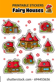 Set of vector cartoon houses with red roofs. Kawaii printable stickers. Cute fairy, gnome house, little home, cottage, magic cabin. Funny arts, perfect for diary, stationery, notebook, schedule