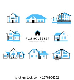 Set of vector cartoon houses in two colors - blue and black building exteriors for infographics, web and print.