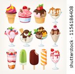 Set of vector cartoon ice cream icons in different flavors, cups and with various toppings. Isolated illustrations 