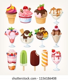 Set of vector cartoon ice cream icons in different flavors, cups and with various toppings. Isolated illustrations 