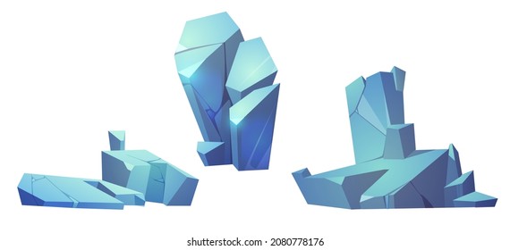 Set of vector cartoon ice floes, frozen pieces of iceberg, glaciers of different shapes. Ice rock. Snow blocks, game landscape design elements, objects. Cartoon arctic ice.