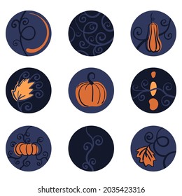Set of vector cartoon icons for Halloween. Collection of minimalist, abstract doodle pumpkin shapes for social media decoration