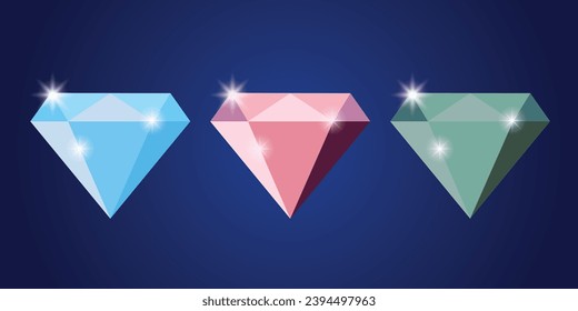 Set of vector cartoon icons of pink, green and blue diamonds in vintage style. Decorative stones. . Children's illustrations.