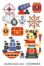 Set of vector cartoon icons with toys on a pirate theme. Children's holiday, kids' party, stickers, games.
