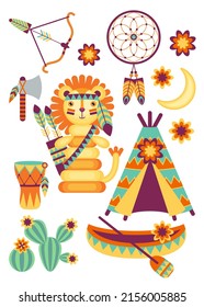 Set of vector cartoon icons with toys in the theme of the American Indians on a white bakground. Children's holiday, kids' party, stickers, games.
