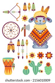 Set of vector cartoon icons with toys in the theme of the American Indians on a white bakground. Children's holiday, kids' party, stickers, games.