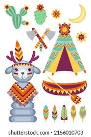 Set of vector cartoon icons with toys in the theme of the American Indians on a white bakground. Children's holiday, kids' party, stickers, games.