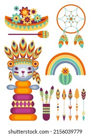 Set of vector cartoon icons with toys in the theme of the American Indians on a white bakground. Children's holiday, kids' party, stickers, games.