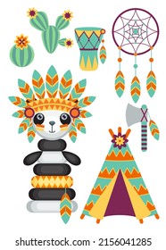 Set of vector cartoon icons with toys in the theme of the American Indians on a white bakground. Children's holiday, kids' party, stickers, games.