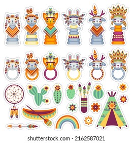 Set of vector cartoon icons with toys in the theme of the American Indians on a white bakground. Children's holiday, kids' party, stickers, games, baby shower.