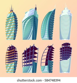 Set vector cartoon illustration of an abstract urban large modern buildings, unfinished buildings.