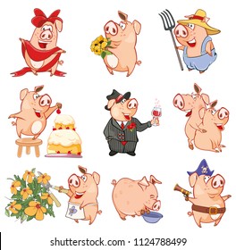 Set of Vector Cartoon Illustration. Cute Pigs in Different Poses for you Design. Cartoon Character
