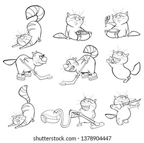 Set of Vector Cartoon Illustration. A Cute Cats for you Design and Computer Game Coloring Book Outline 