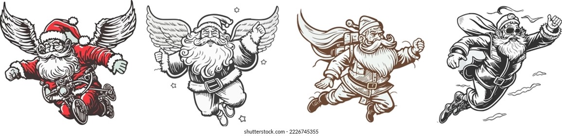 set of Vector cartoon illustration cute funny flying  Santa Claus. wearing cape, flying through the air. santa with wings flying. Santa coming air, retro, vintage isolated, copy space design assest.