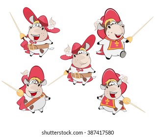 Set of Vector Cartoon Illustration. A Cute Cow for you Design King's Musketeers