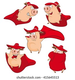 Set of Vector Cartoon Illustration. A Cute Pigs in a Superhero Costumes for you Design