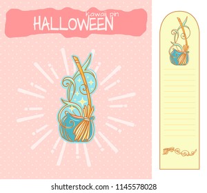 Set of vector cartoon illustration for enamel PIN (brooch), background for packing and bookmark with place for notes. Kawaii Halloween witch’s cauldron with magic shining potion, broom and leaves