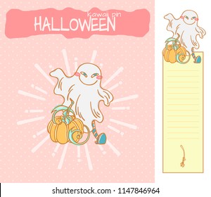 Set of vector cartoon illustration for enamel PIN (brooch), background for packing and bookmark with place for notes. Kawaii Halloween smiling ghost kid with sheet and pumpkin
