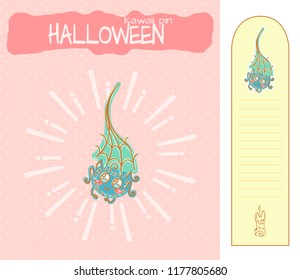 Set of vector cartoon illustration for enamel PIN (brooch), background for packing and bookmark with place for notes. Kawaii Halloween smiling spider with spiderweb and big cute eyes
