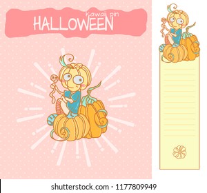 Set of vector cartoon illustration for enamel PIN (brooch), background for packing and bookmark with place for notes. Kawaii Halloween smiling pumpkin boy with big blue eyes and worm in hand

