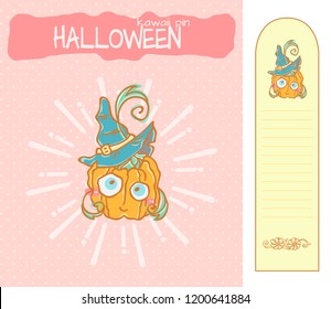 Set of vector cartoon illustration for enamel PIN (brooch), background for packing and bookmark with place for notes. Kawaii Halloween smiling pumpkin with witch hat, big blue eyes and leaf hands
