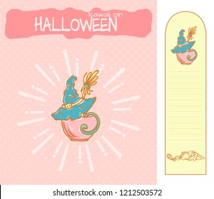 Set of vector cartoon illustration for enamel PIN (brooch), background for packing and bookmark with place for notes. Kawaii Halloween witch’s hat, magic broom and cute pink teacup with green handle