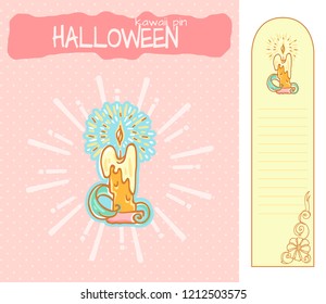 Set of vector cartoon illustration for enamel PIN (brooch), background for packing and bookmark with place for notes. Kawaii Halloween magic witch’s candle with leaves and pumpkin 