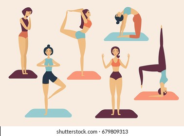 Set of vector cartoon illustration. Girls in yoga poses. Young beautiful women doing yoga in studio. Yoga school, class, center. Different exercises. Flat design