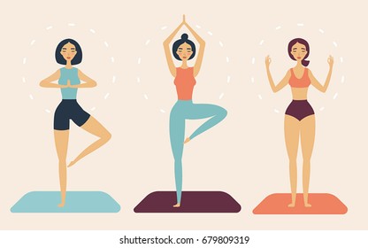 Set of vector cartoon illustration. Girls in yoga poses. Young beautiful women doing yoga in studio. Yoga school, class, center. Different exercises. Flat design