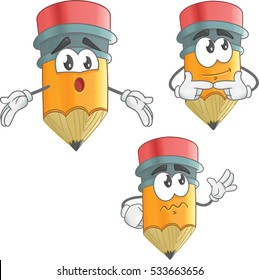 Set of vector cartoon illustration pencil mascot character. Surprised, embarrassed, shying