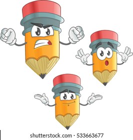 Set of vector cartoon illustration pencil mascot character. Angry, surprising, sorry