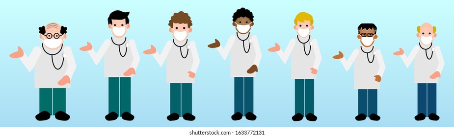 The set of vector cartoon illustration picture of the doctors in minimal style.