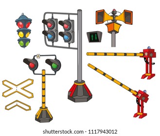 Set of Vector Cartoon Illustration.  Railway Traffic Light. Semaphore. Cartoon