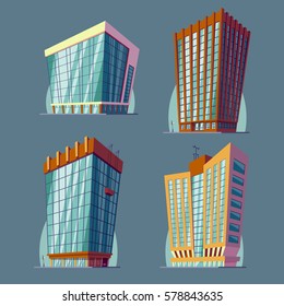 Set vector cartoon illustration of an urban large modern buildings.