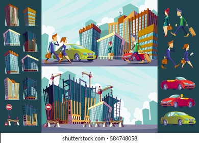 Set vector cartoon illustration of an urban large modern buildings, cars and urban residents.